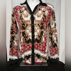 JM Collection Petite - Baroque Pattern Long Sleeve Snap Up Blouse, Sz P/M